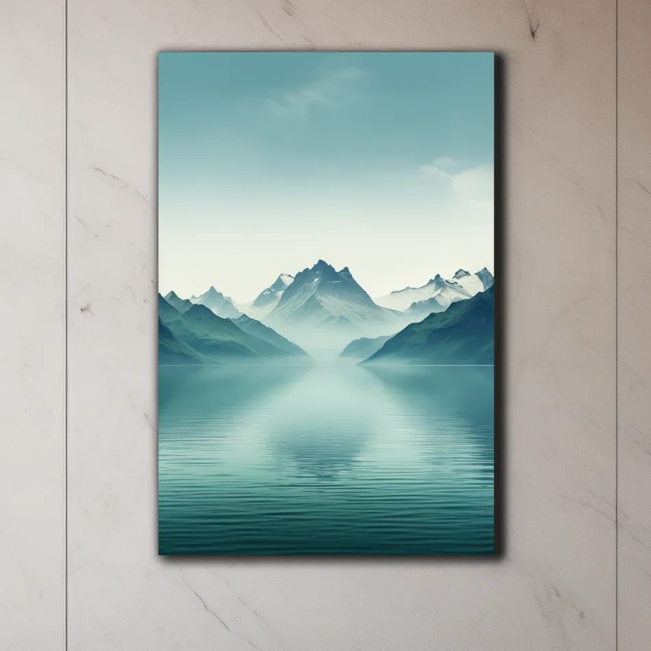 Soft, minimal art, mountains by a lake