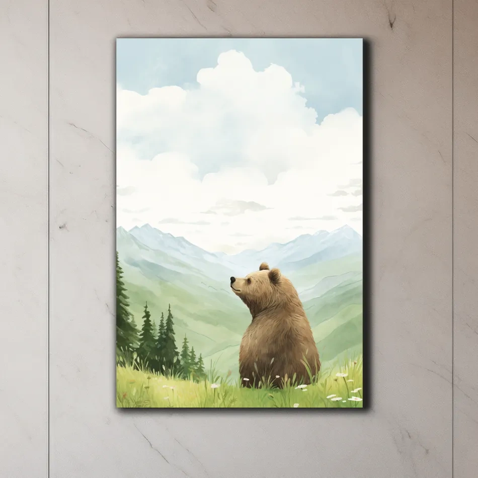 Illustration of a happy bear sitting in the grass