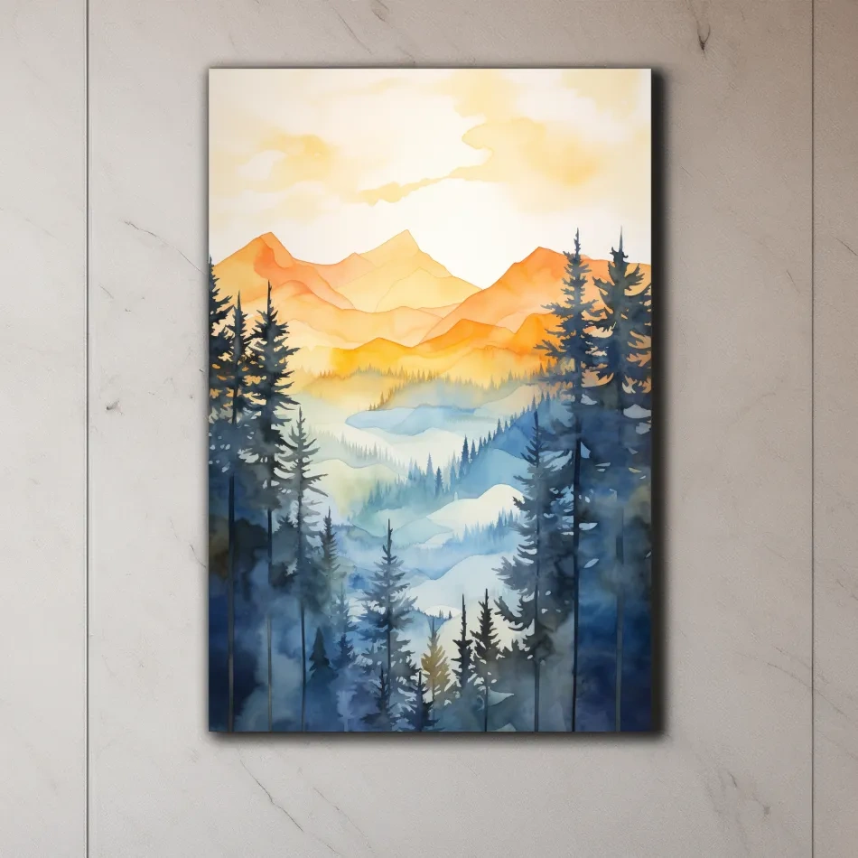 Golden Watercolor Mountain Sunrise Painting - Misty Alpine Forest Artwork