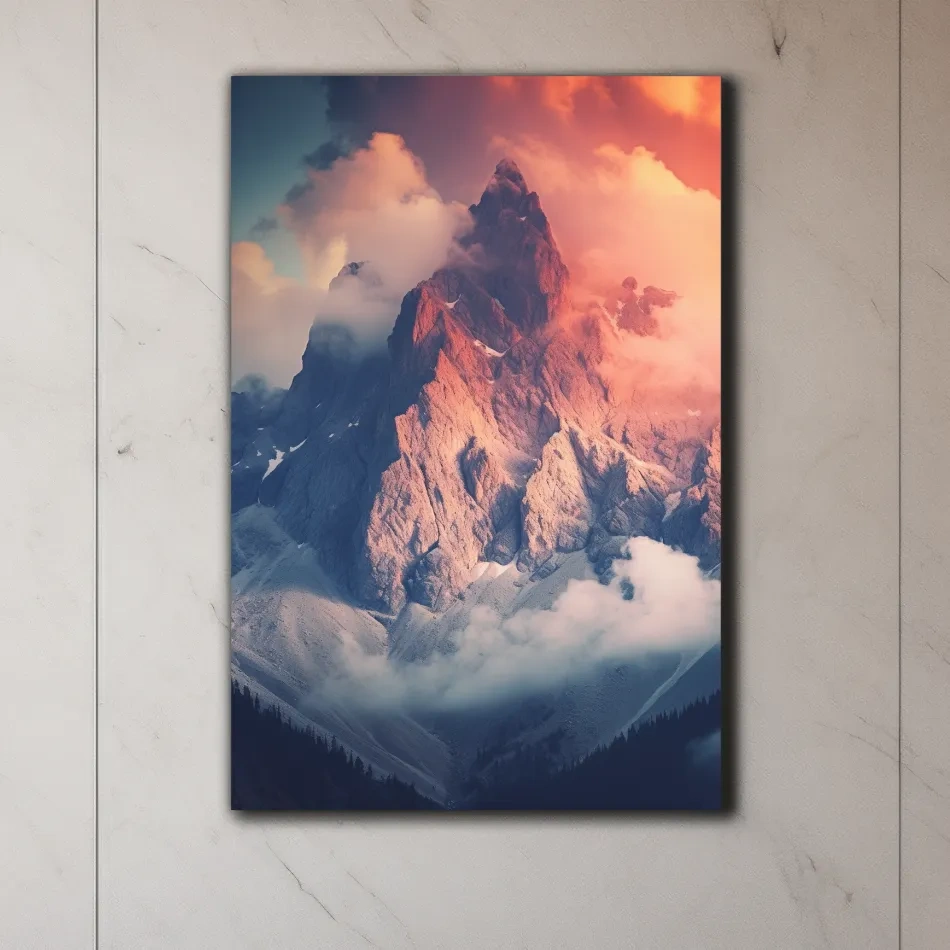 Dramatic mountain peak in colorful clouds, photographic art