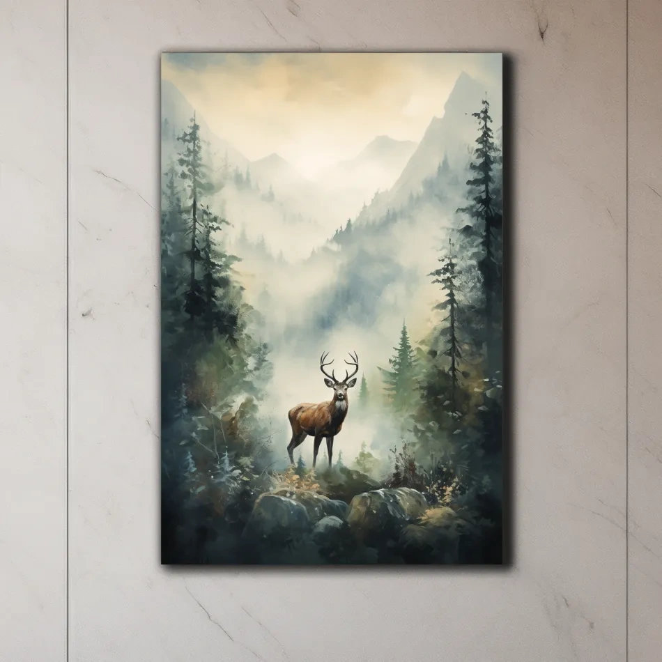 Watercolour painting of a deer standing in a misty forest