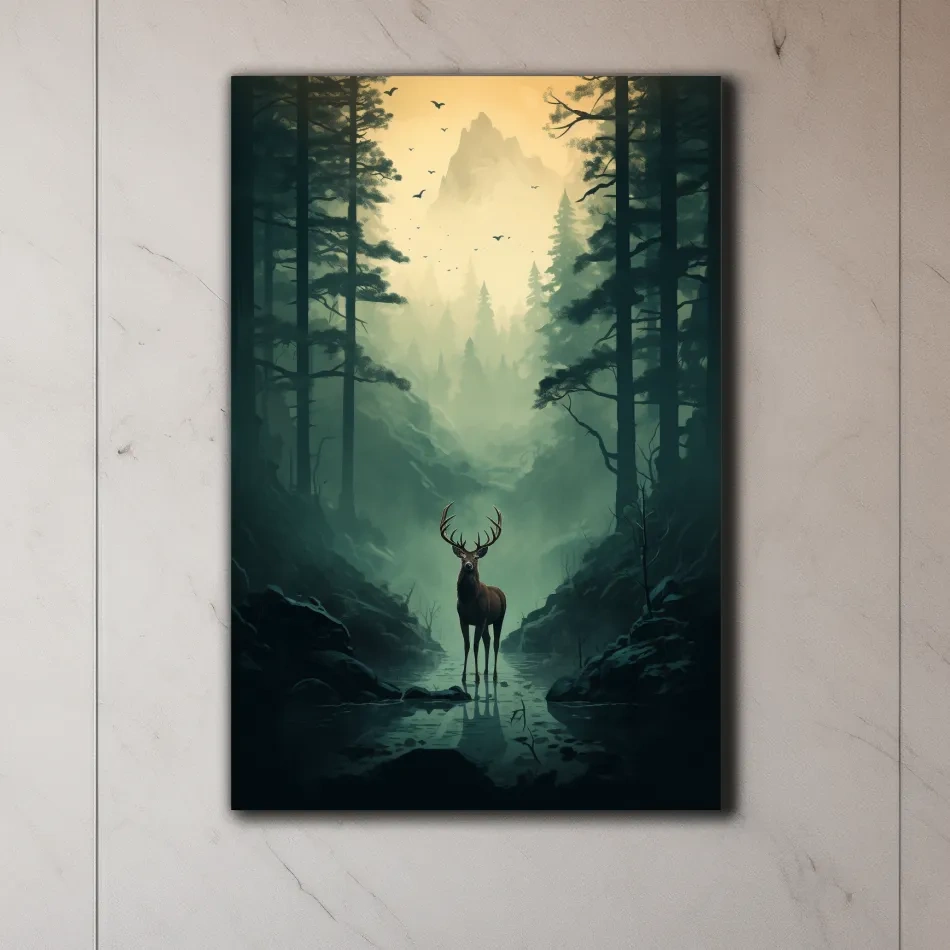 Moody Misty Forest Deer Stag Landscape - Atmospheric Wildlife Mountain Wall Art