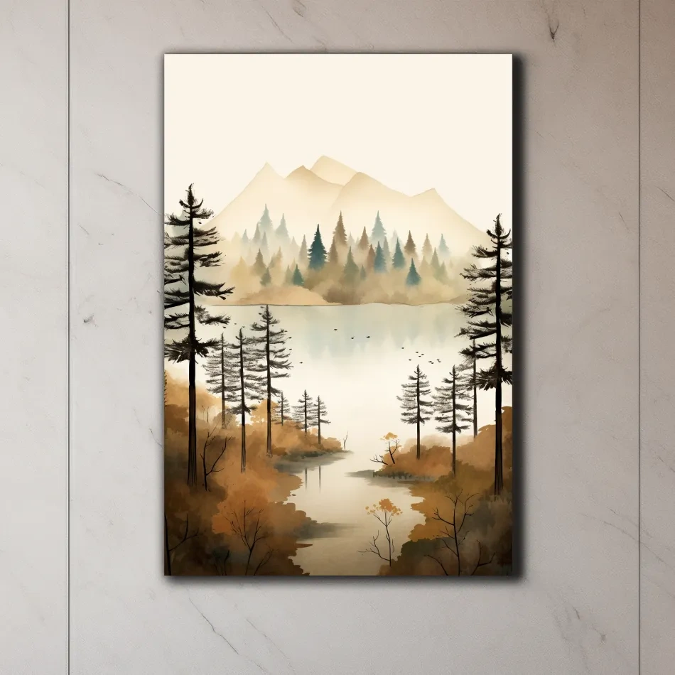 Misty Watercolor Mountain Lake Forest - Serene Alpine Wall Art