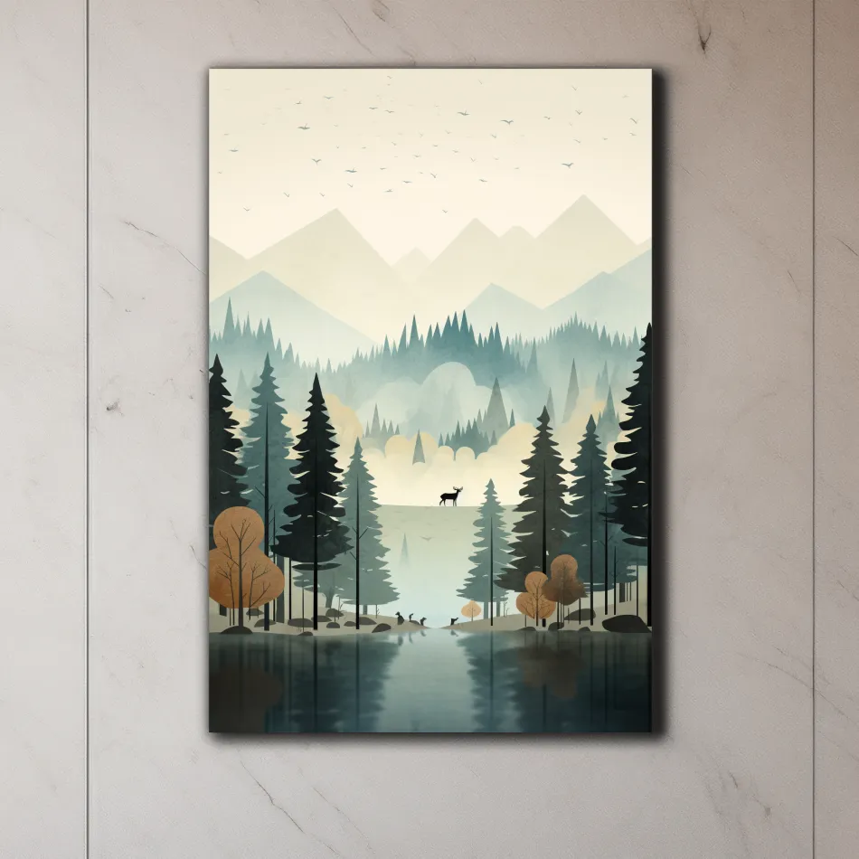 Mountain illustration, silhouette of a deer in a peaceful forest