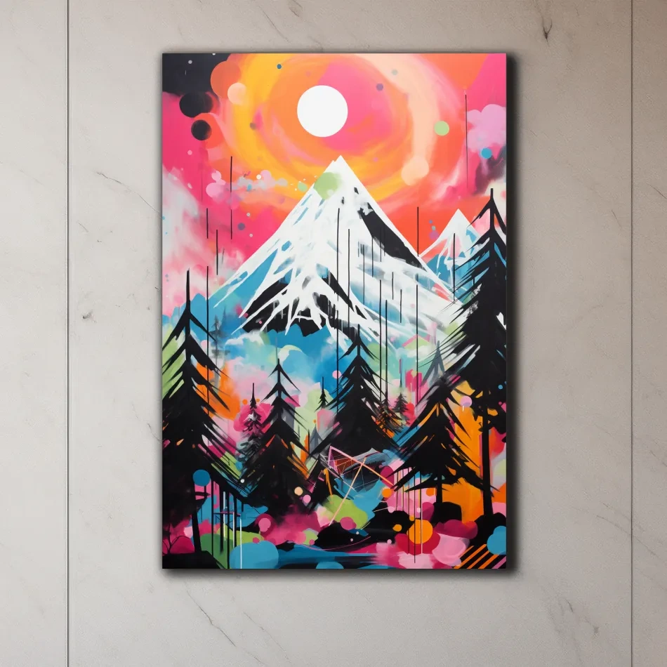 Vibrant energetic arcylic painting, glacier at sunset