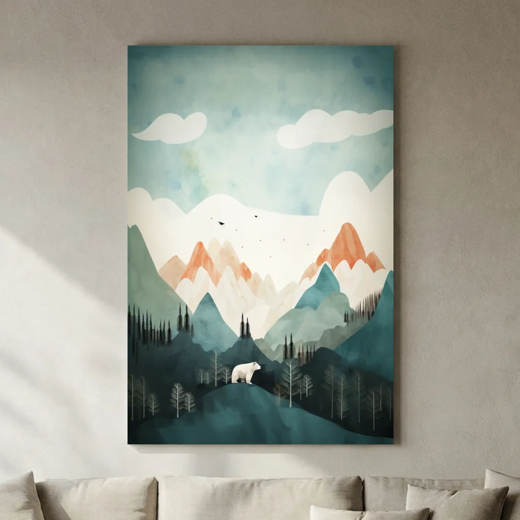 Whimsical Bear Alpine Mountain Landscape - Childrens Nursery Wall Art