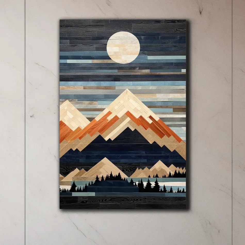 Wooden panel art, painted wood mountains under the night sky