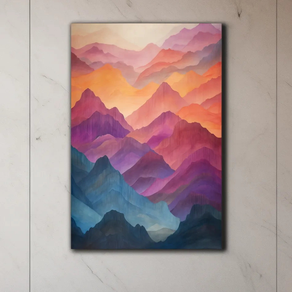 Vibrant colourful mountain range patterns, watercolour style illustration