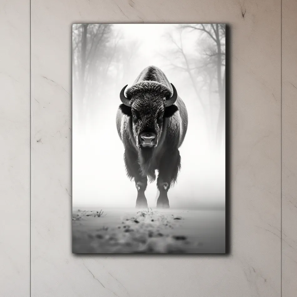 Black and white photo of a bison walking on snow