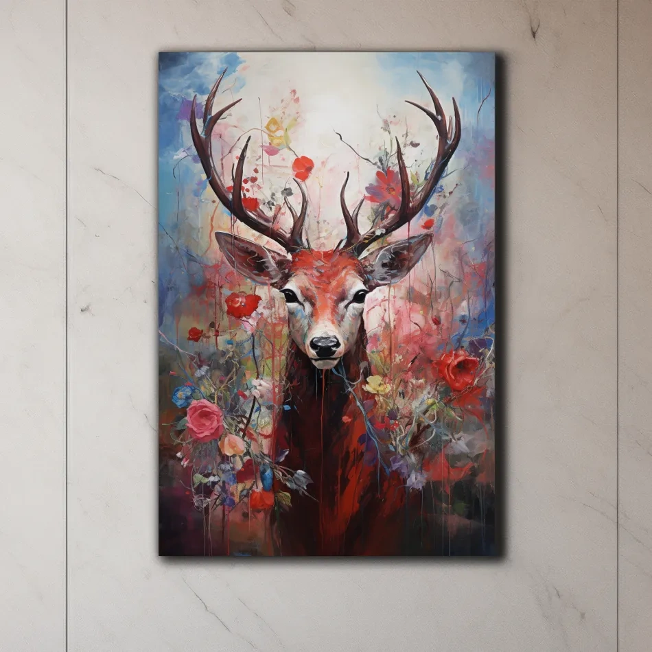 Floral painting of a deer, vibrant wall art