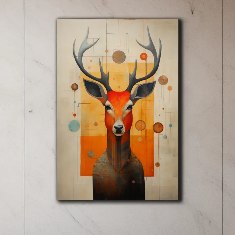 Rustic painting of a deers head with abstract shapes
