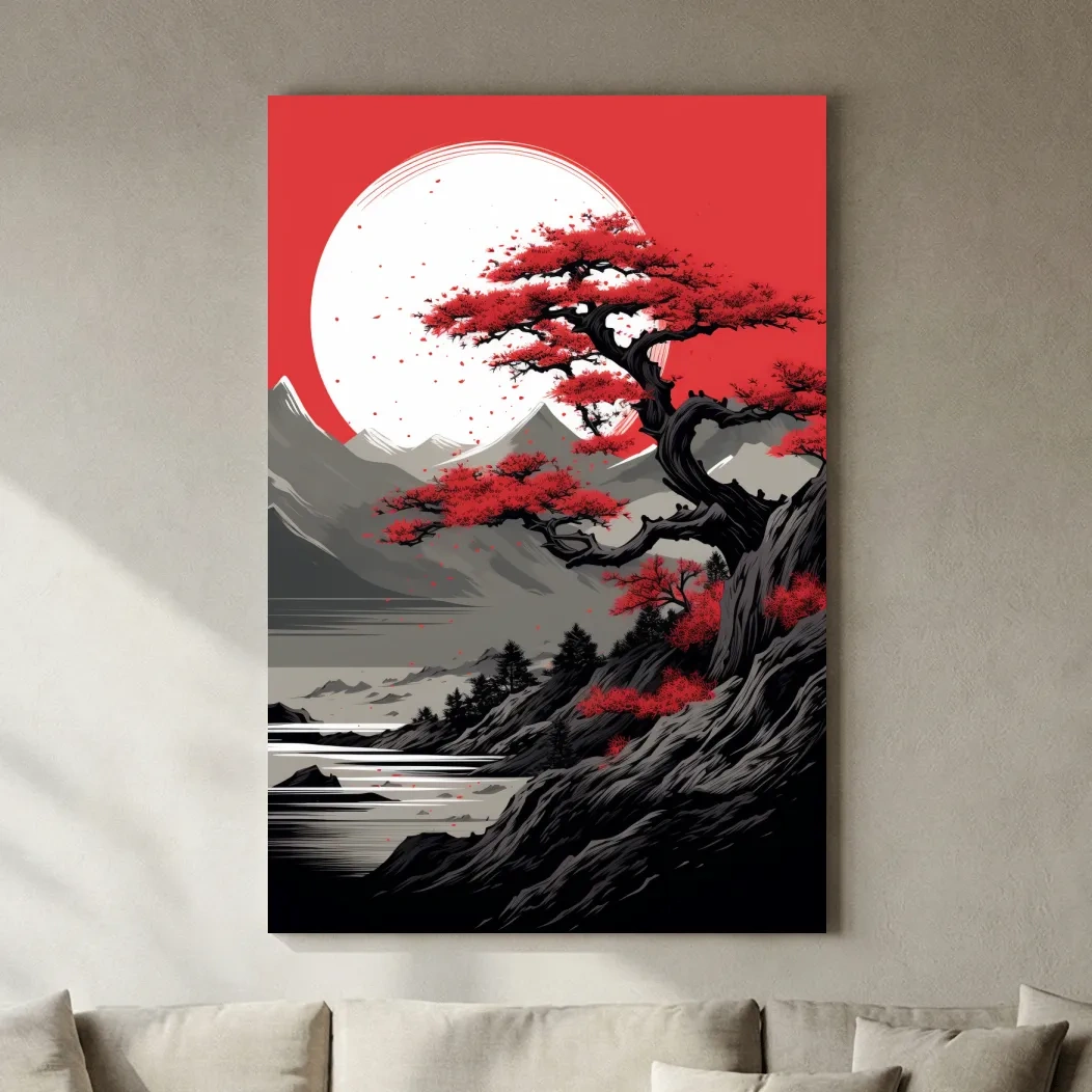 Japanese Ink Landscape With Bonsai Tree - Zen Mountain Wall Art