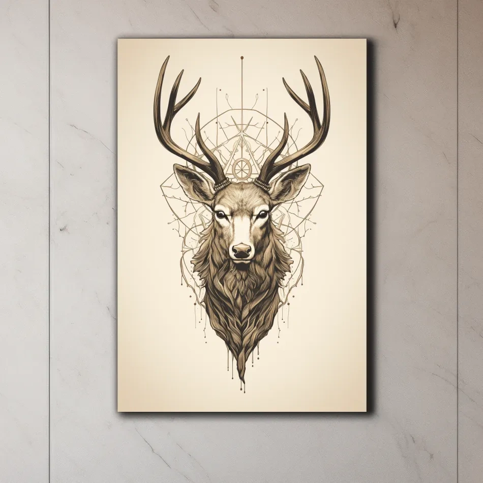 Ornate Stag Head Line Art - Minimalist Tattoo Style Wildlife Wall Art