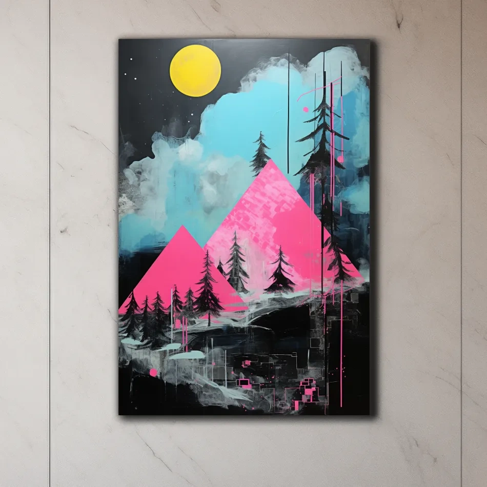 Pink and black acrylic painting, triangular abstract mountains