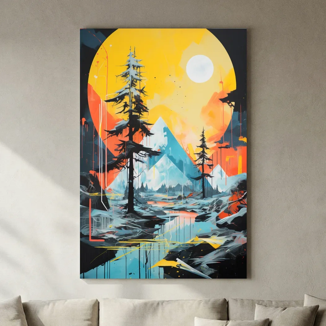 Vibrant Abstract Mountain Lake Sunset Painting - Modern Geometric Pine Forest Wall Art
