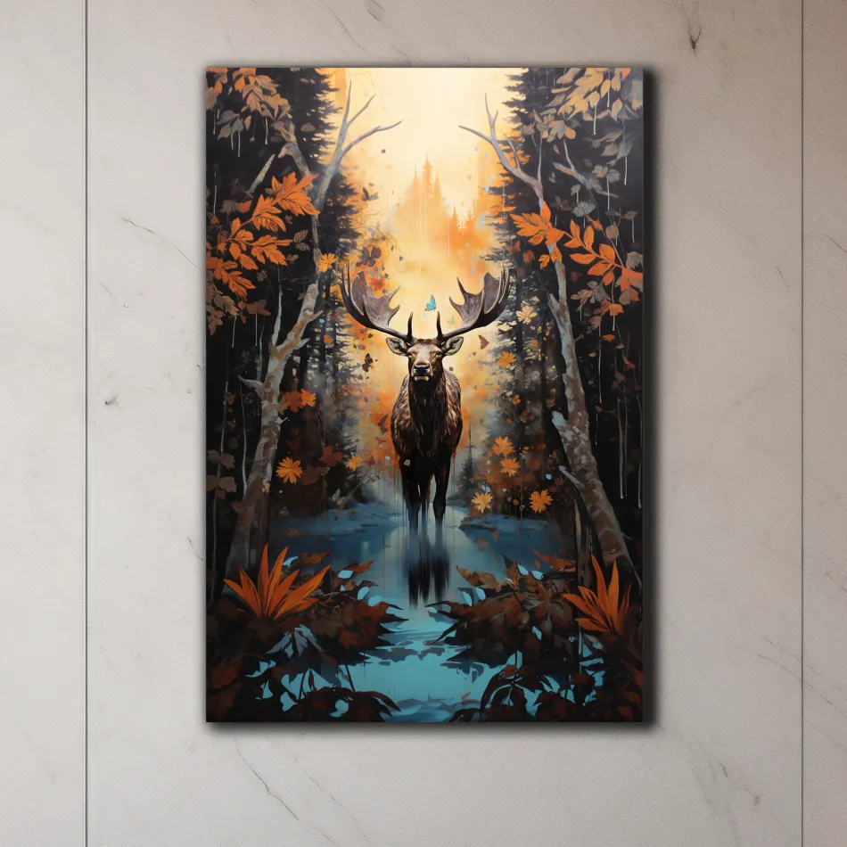 Painting of a moose in the woods in autumn