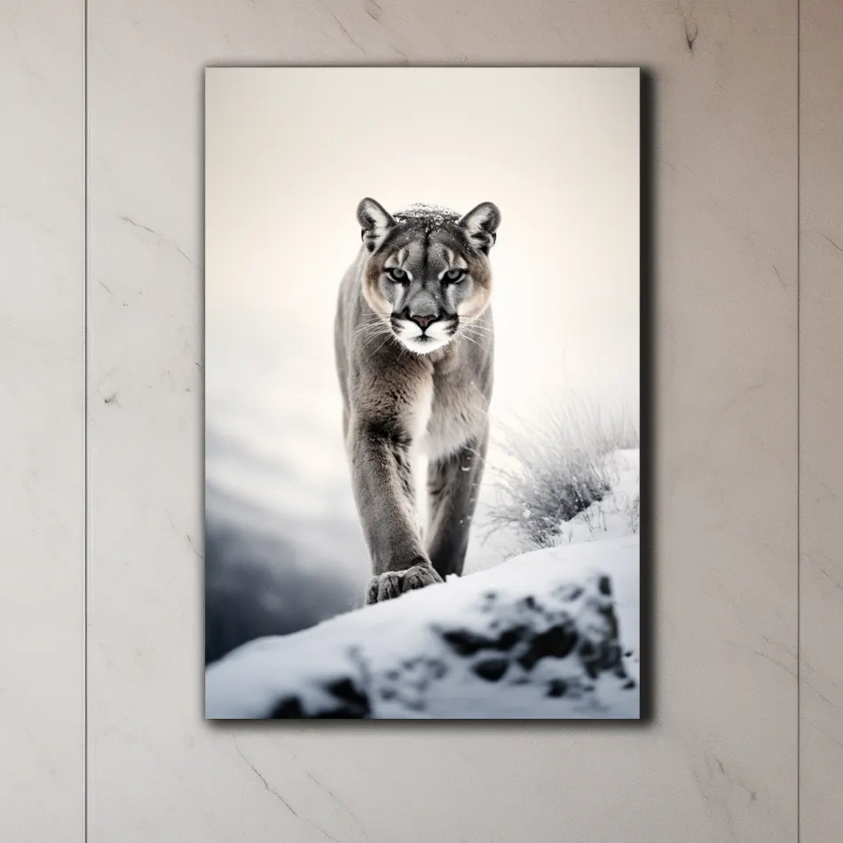 Photograph of a mountain lion walking in snow