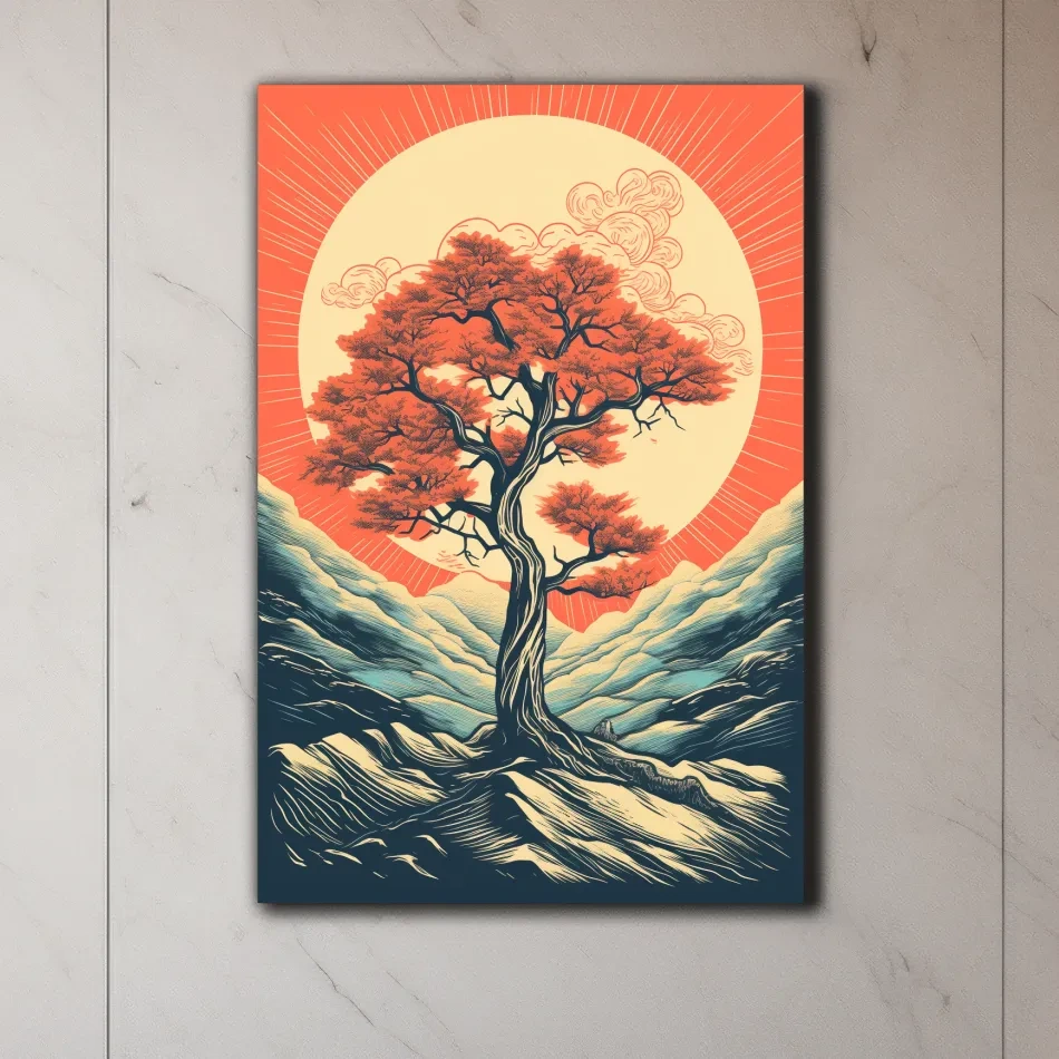 Dynamic vector illustration wall art poster of a tree at sunset