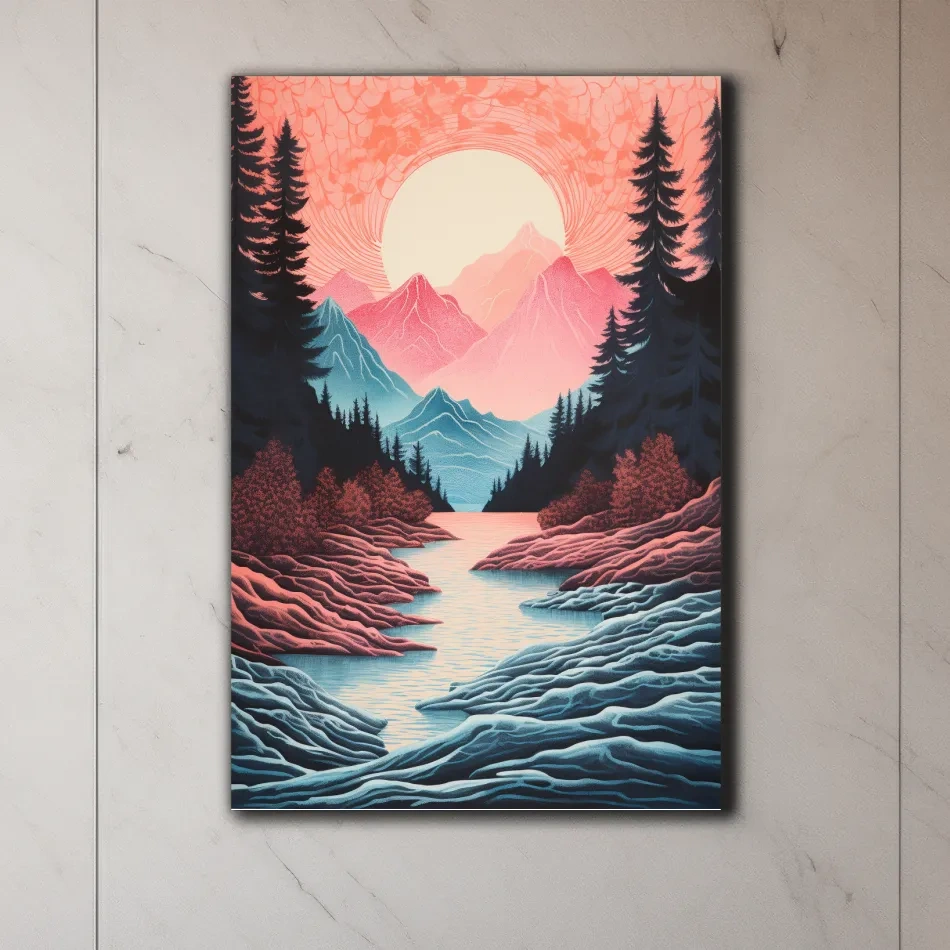 Risograph style illustration of an alpine valley at sunset