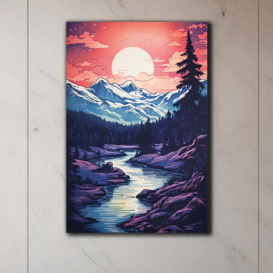 Surreal illustration of sunset over a glacier alpine scene