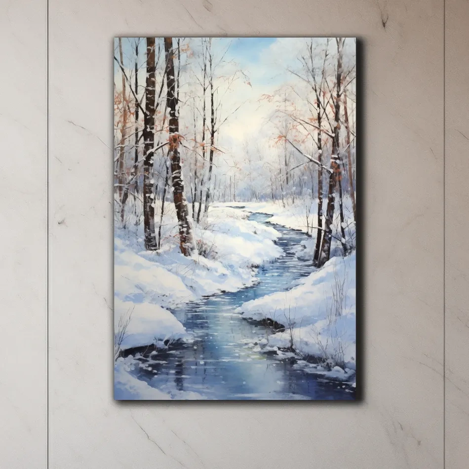 Serene Winter River Forest Painting - Snowy Woodland Wall Art