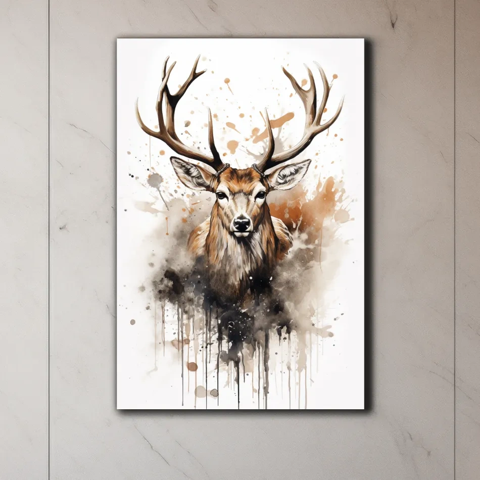 Splattered watercolour painting of a deers head