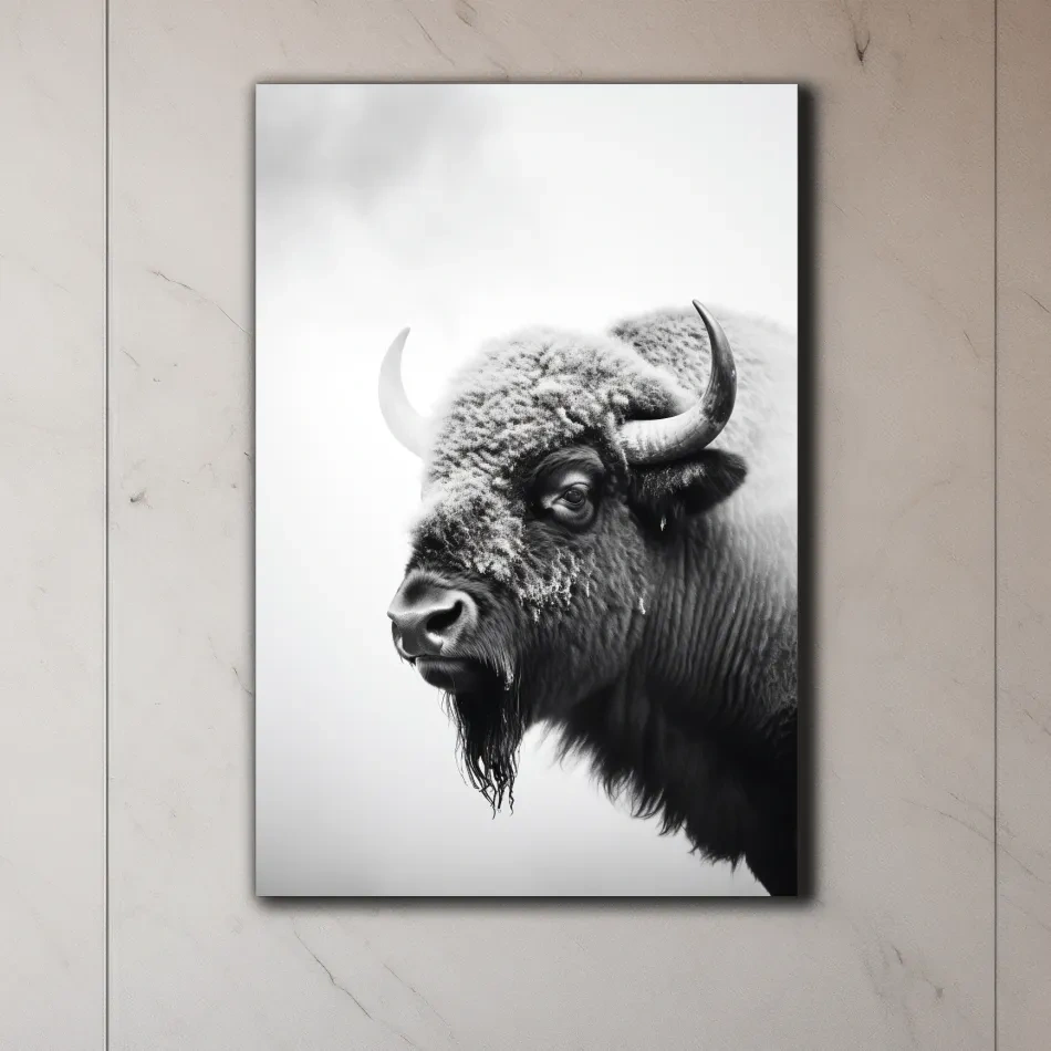 Photographic art, black and white photo of a bison in winter