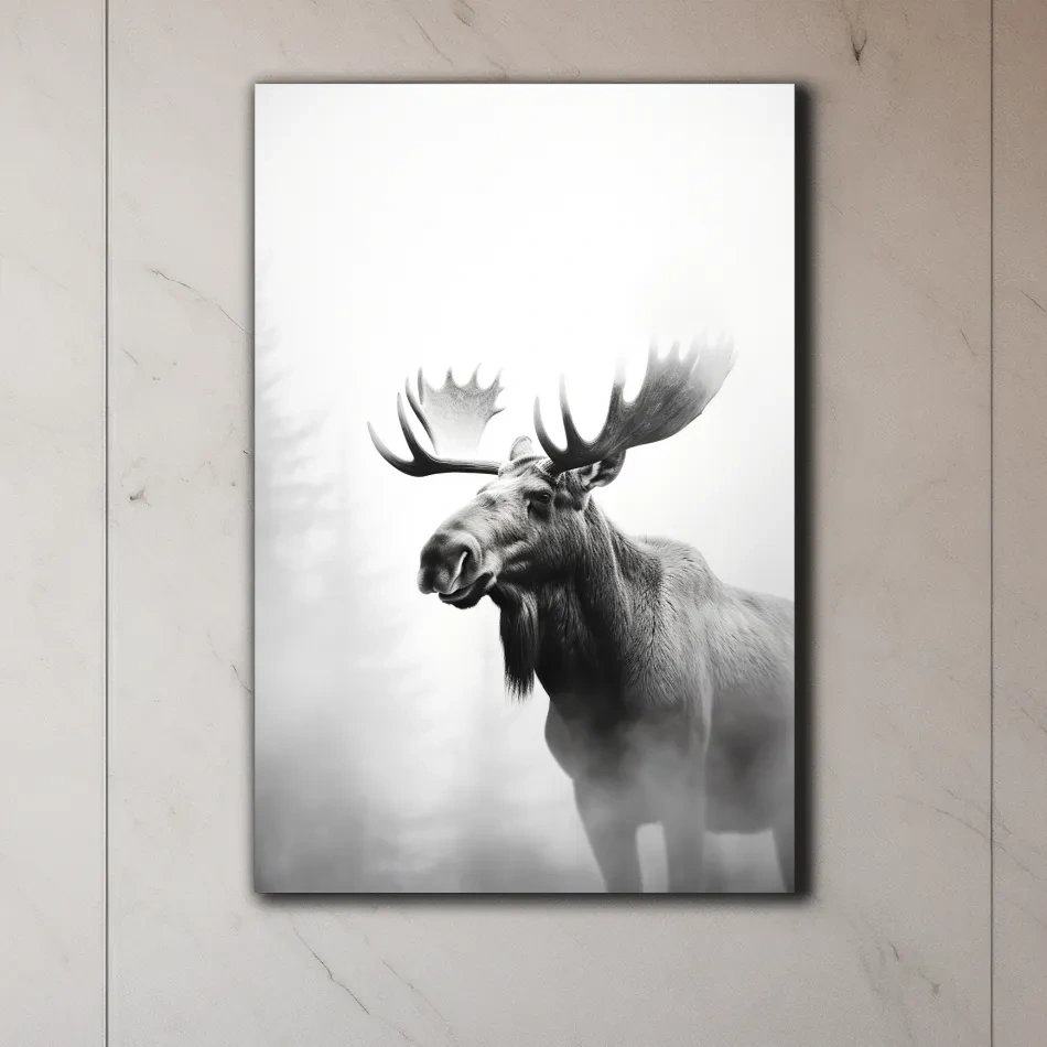 High contrast black and white photograph art of a large moose