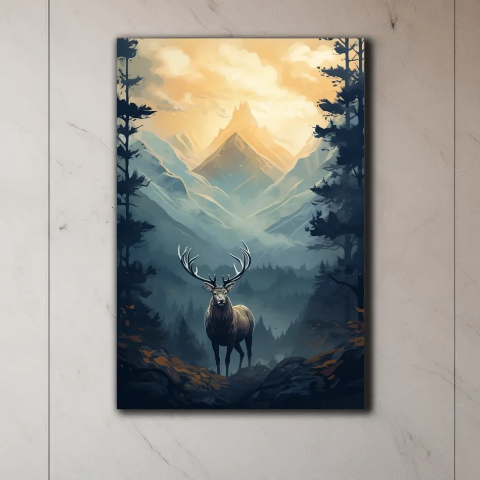 Serene illustration of a majestic deer in the forest at sunset