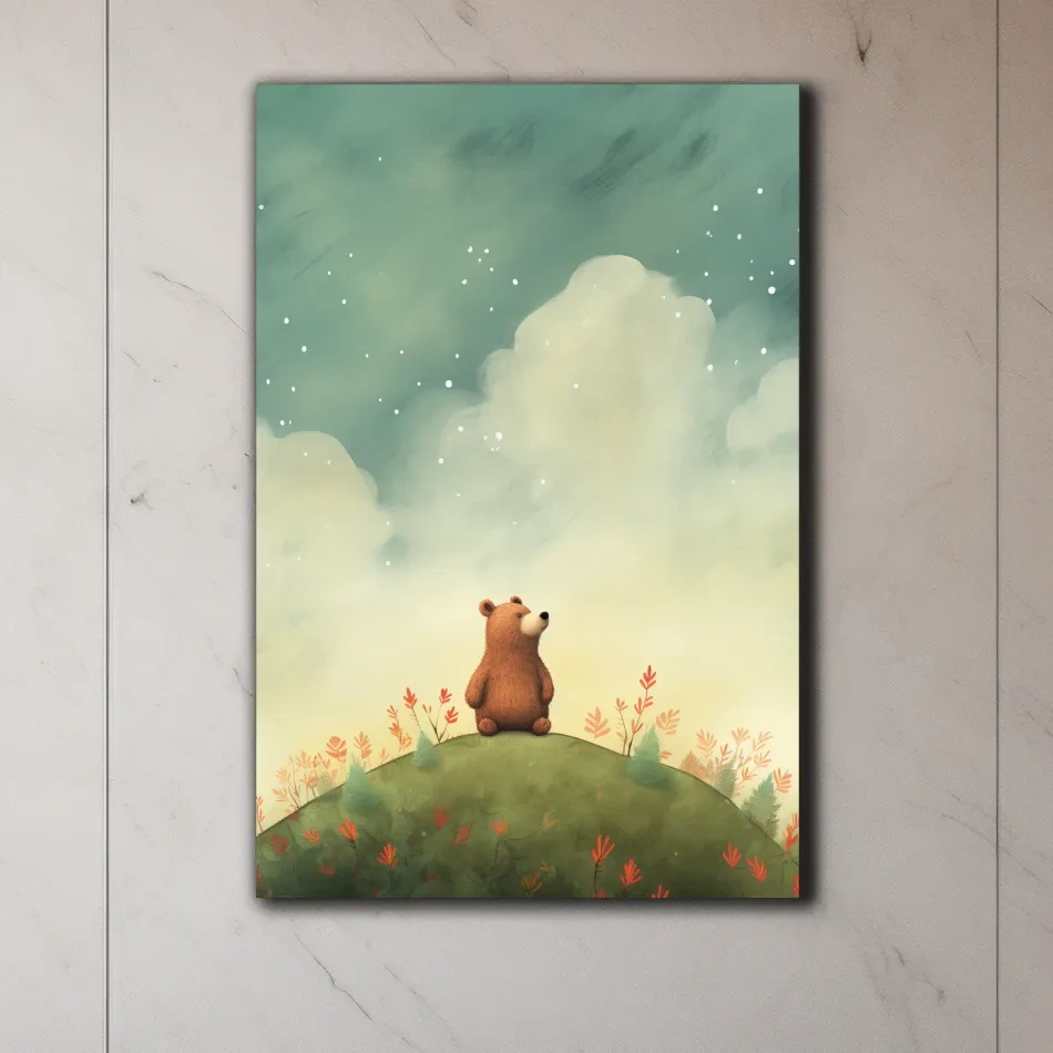 Nursery artwork, illustration of a cute happy bear gazing into the night sky