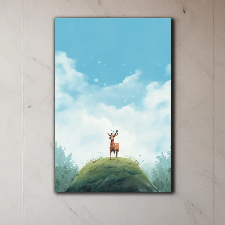 Whimsical Watercolor Deer on Grassy Hill - Serene Woodland Nursery Wall Art