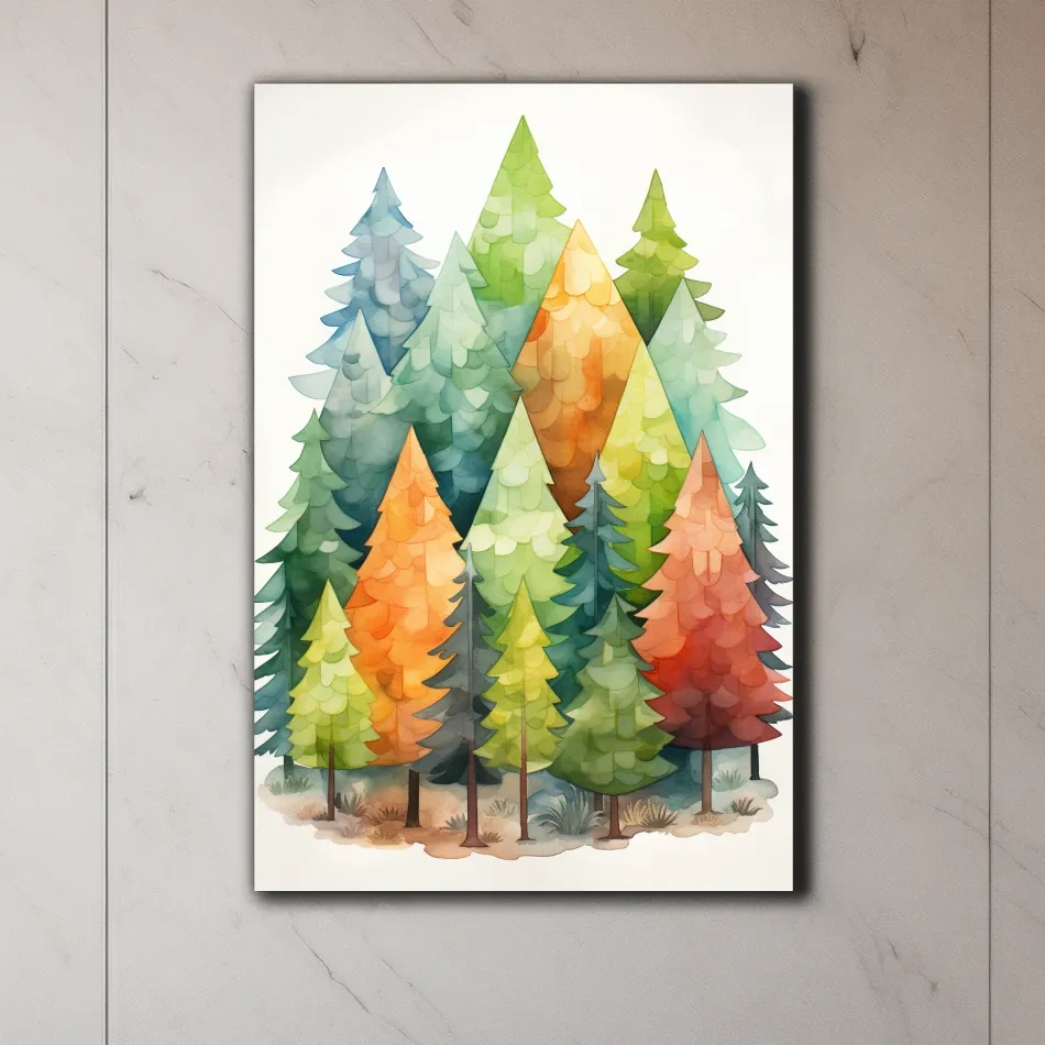 Whimsical Watercolor Pine Forest Illustration - Colorful Scandinavian Nature Wall Art
