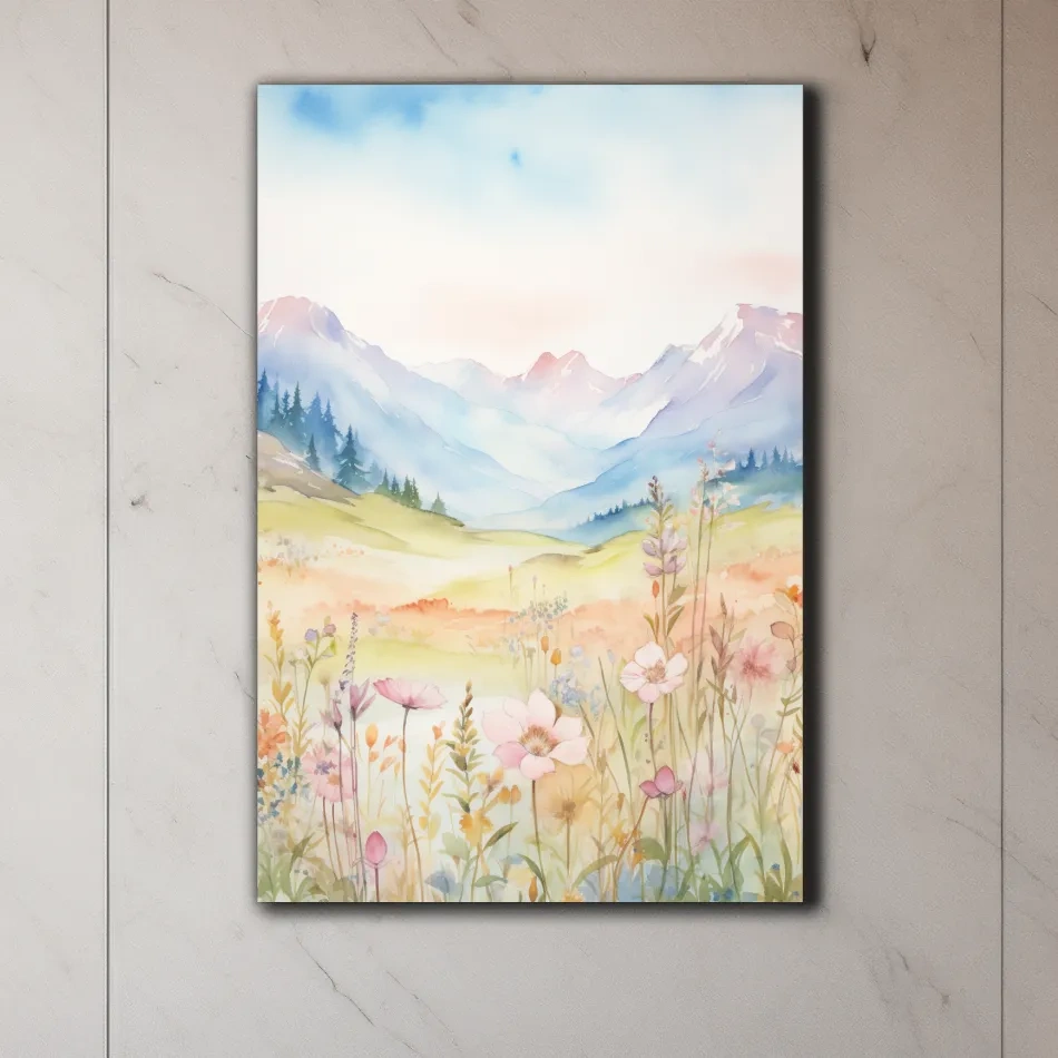 Watercolour painting of pastel flowers in the alpine meadows, floral artwork