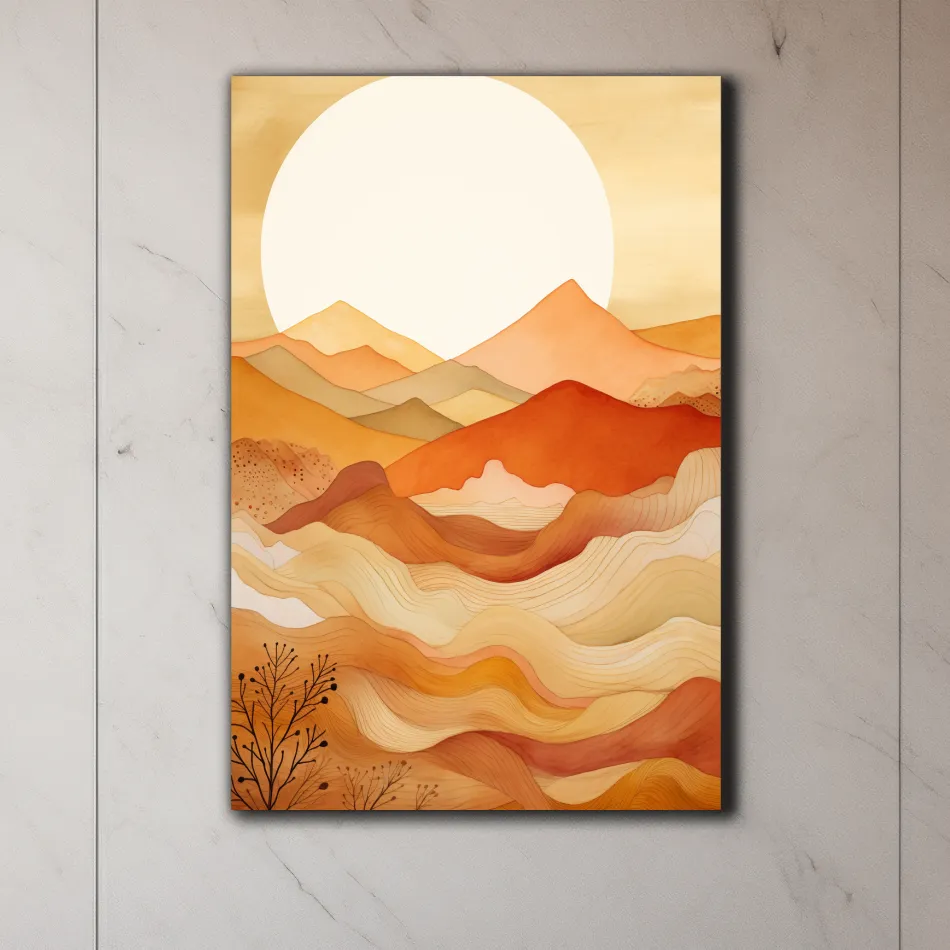 Watercolour illustration of mountain art shapes at sunset