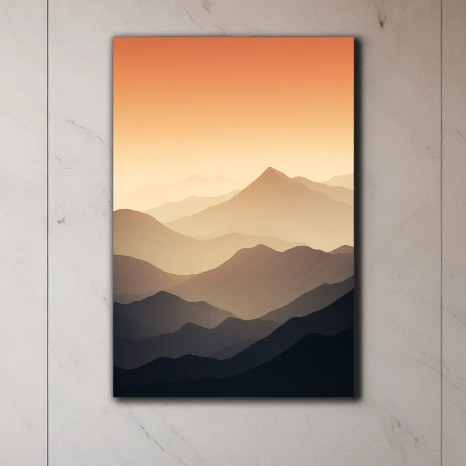 Subtle mountain sunset artwork, ridgelines fading into the sky