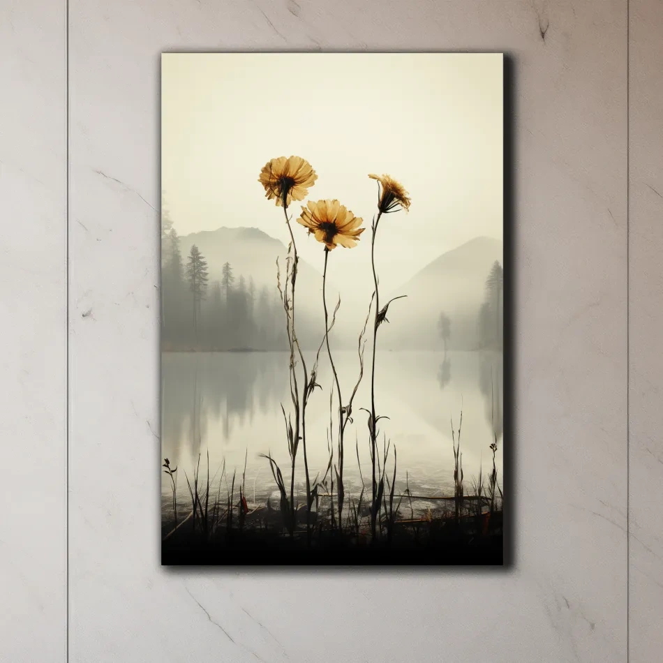 Photographic illustration, flowers on the misty lake shore