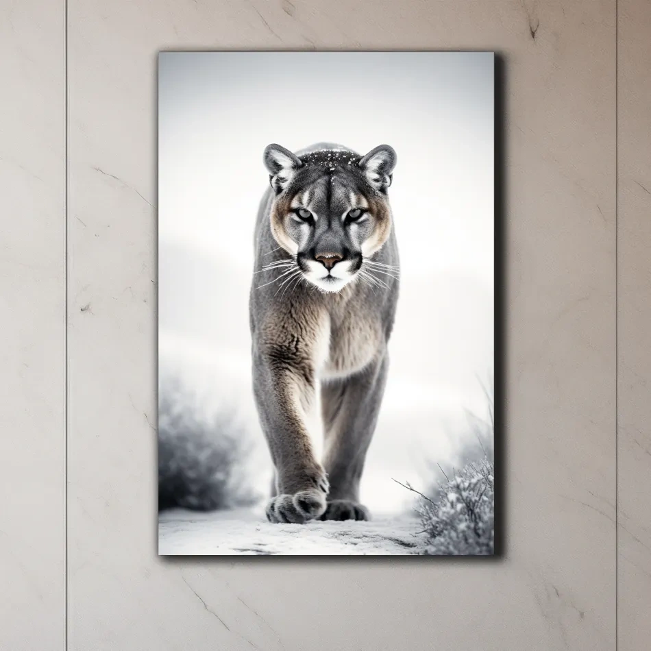 Photograph of a mountain lion walking in snow