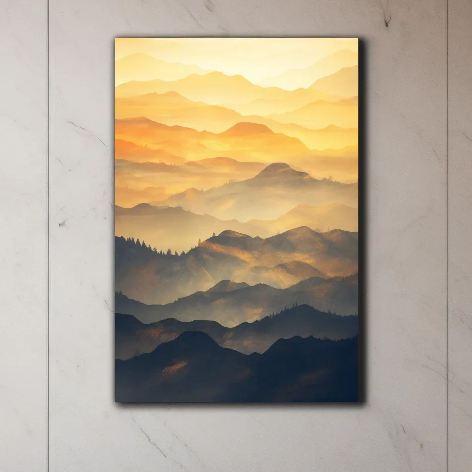 Mountain ridgelines at sunset, minimal watercolour patterns