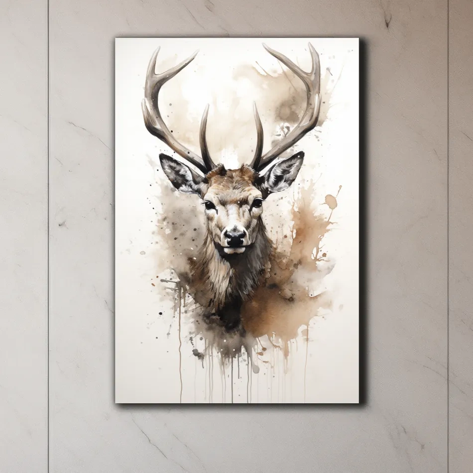 Splattered watercolour painting of a deers head