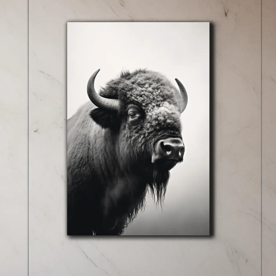 Photographic art, black and white photo of a bison on a crisp winter morning