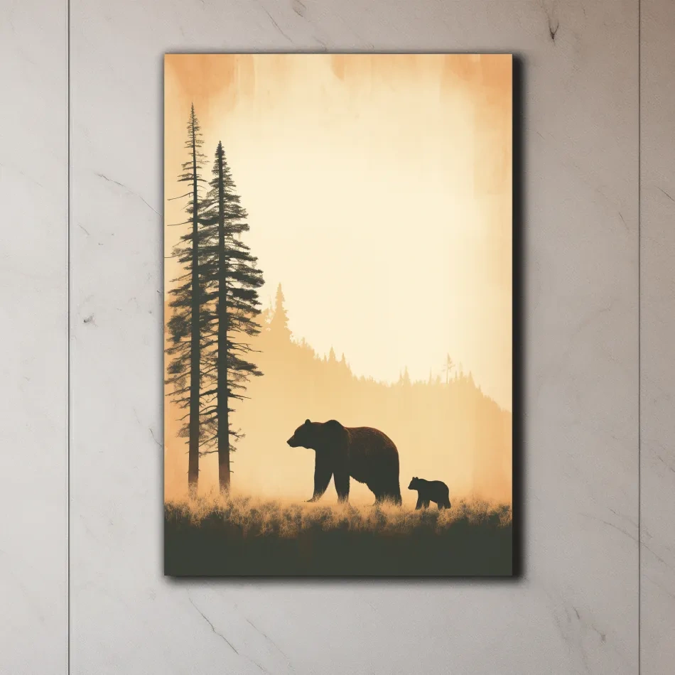 Momma bear and her cub, minimal illustration artwork