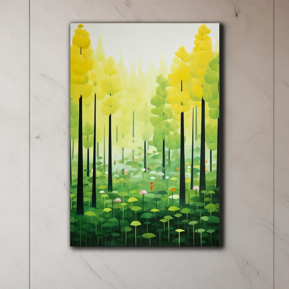 Happy storybook illustration of a surreal forest
