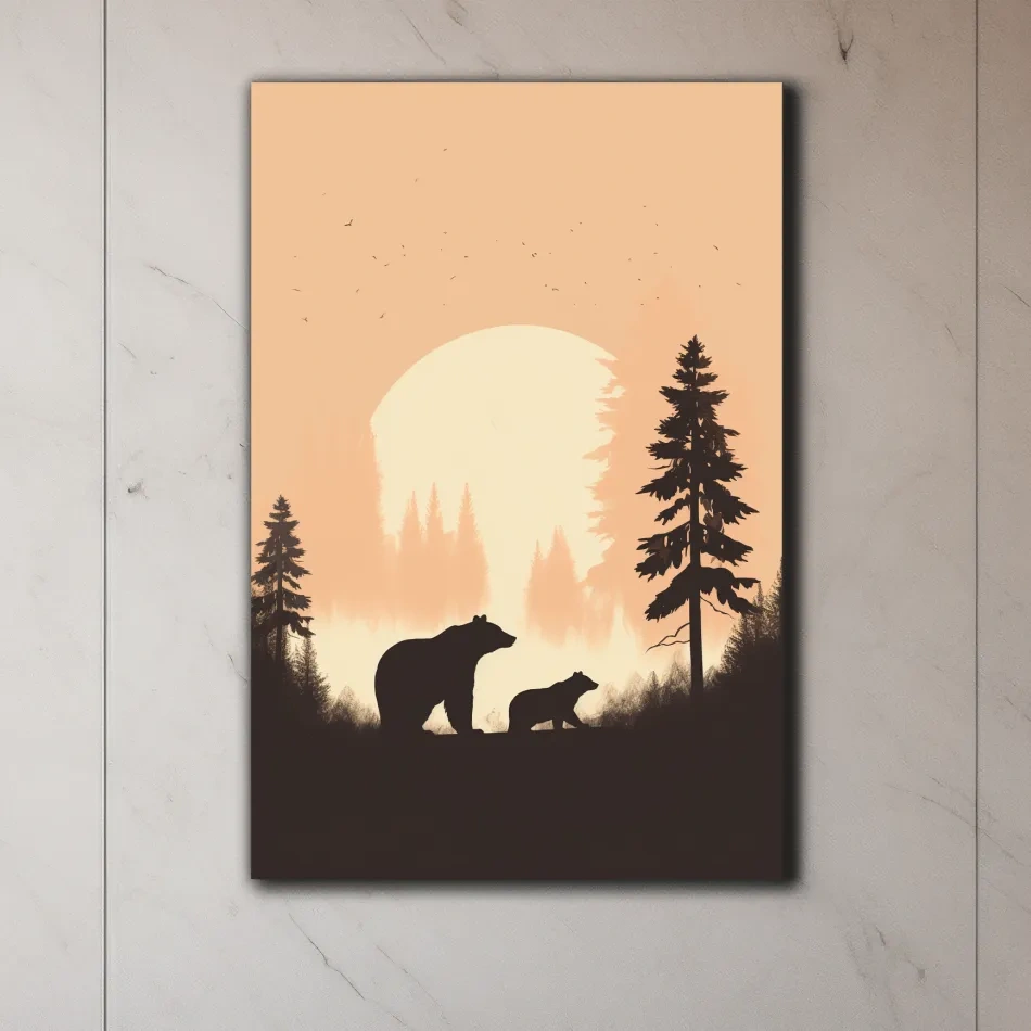 Momma Bear & Cub Silhouettes At Sunset - Minimalist Forest Wildlife Wall Art