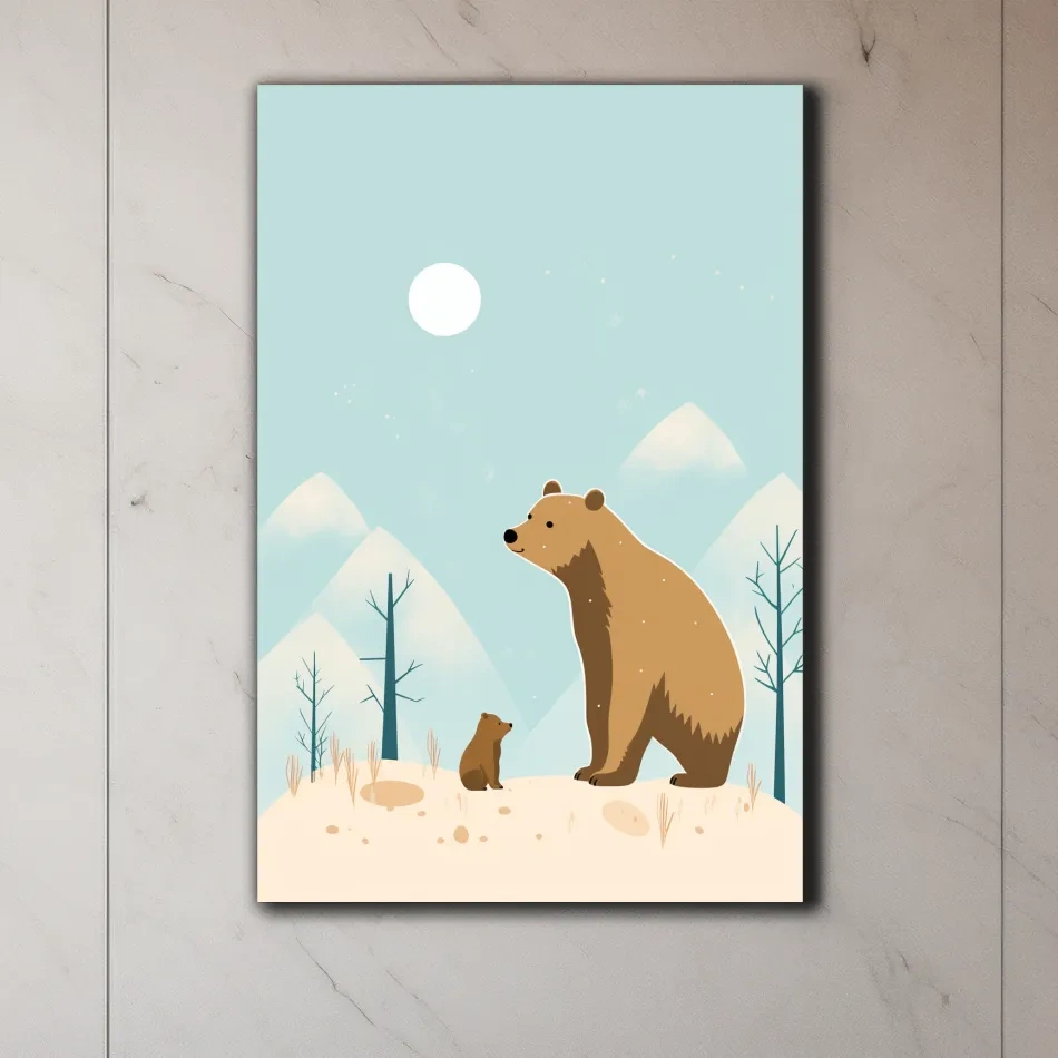 Minimal illustration art of a mama bear and her cub