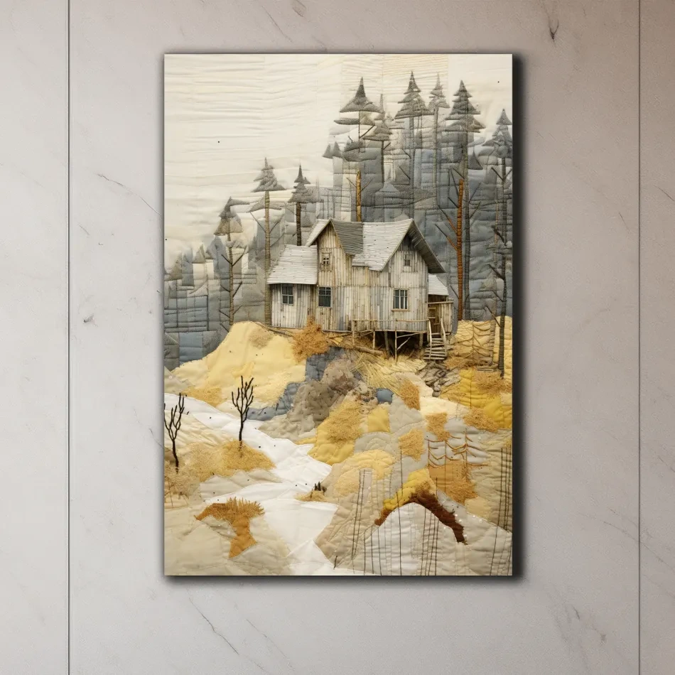 Rustic Woodland Cabin Landscape Quilt Art - Patchwork Style Mixed Media Wall Art