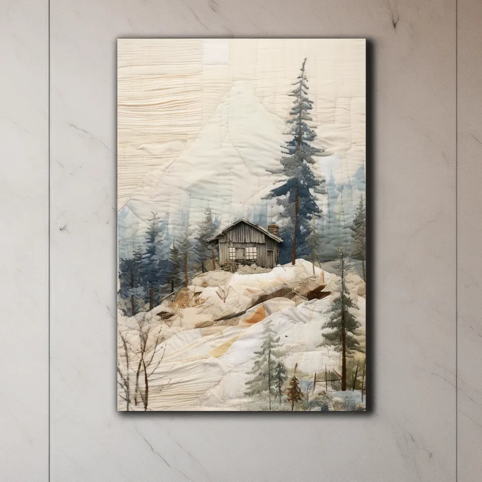 Cabin in the alpine forest, patchwork fabric style mountain wall art