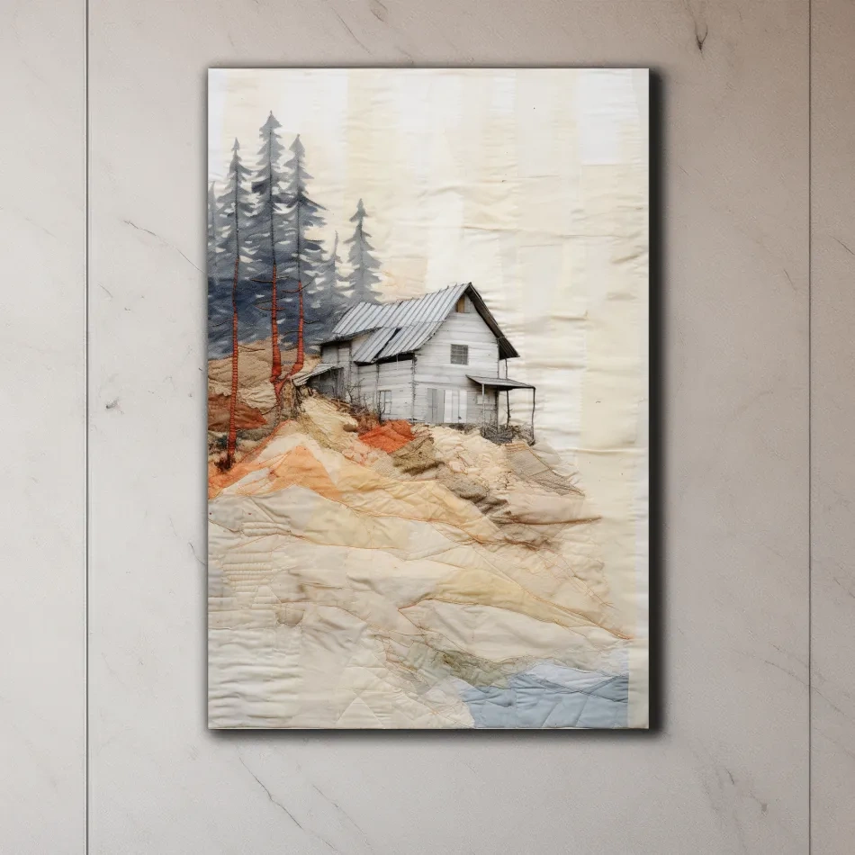 Rustic cabin artwork, fabric patchwork style