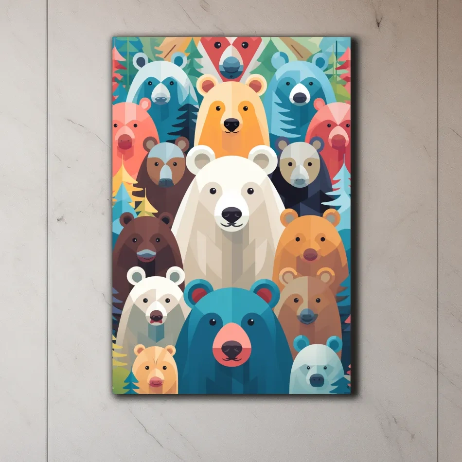 Illustration of colorful vibrant bears, childrens bedroom artwork