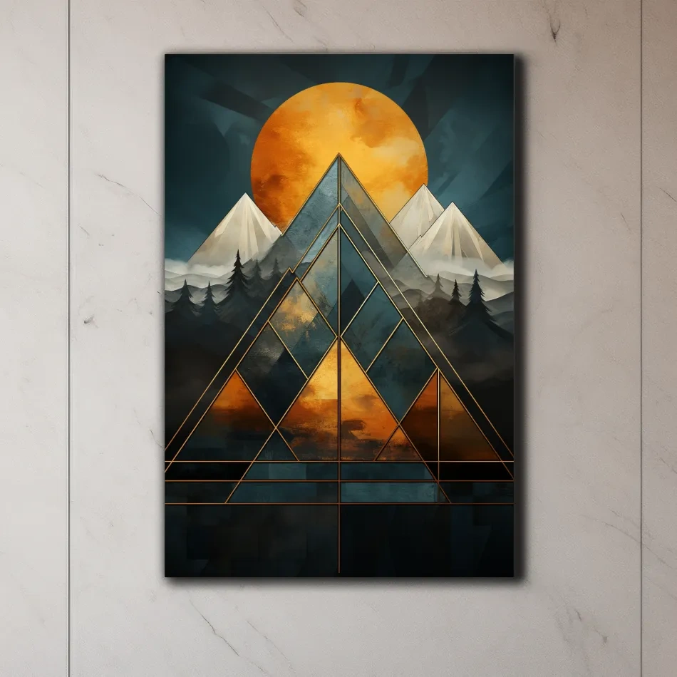 Leadlight style mountain artwork, sunset over glaciers and forest