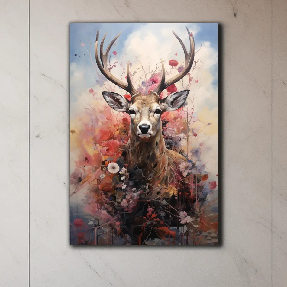 Painting of a deer head wrapped in flowers